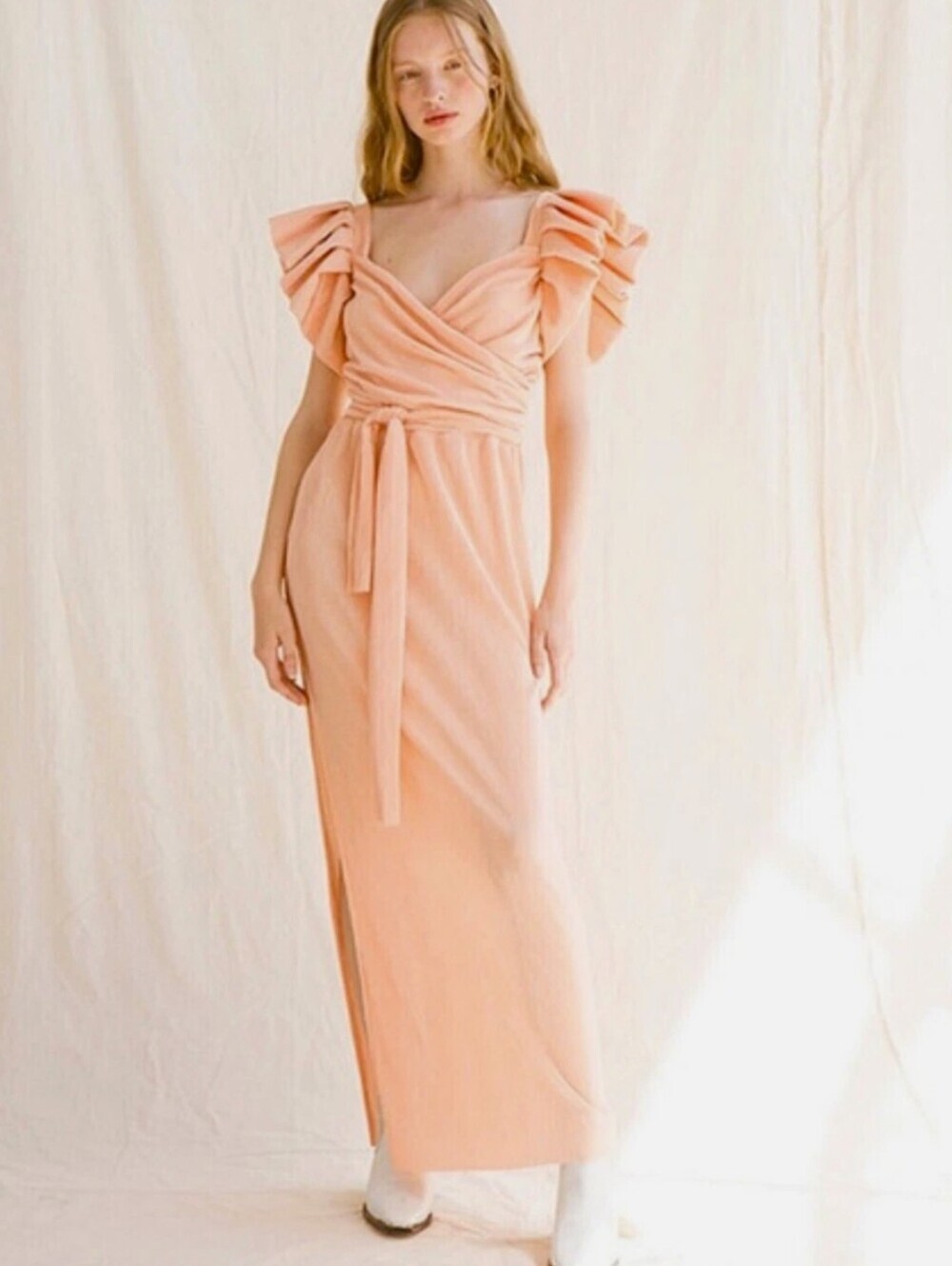 Anthropologie Tach Ribbed Peach Ruffle Sleeve Maxi Dress with Waist Tie
